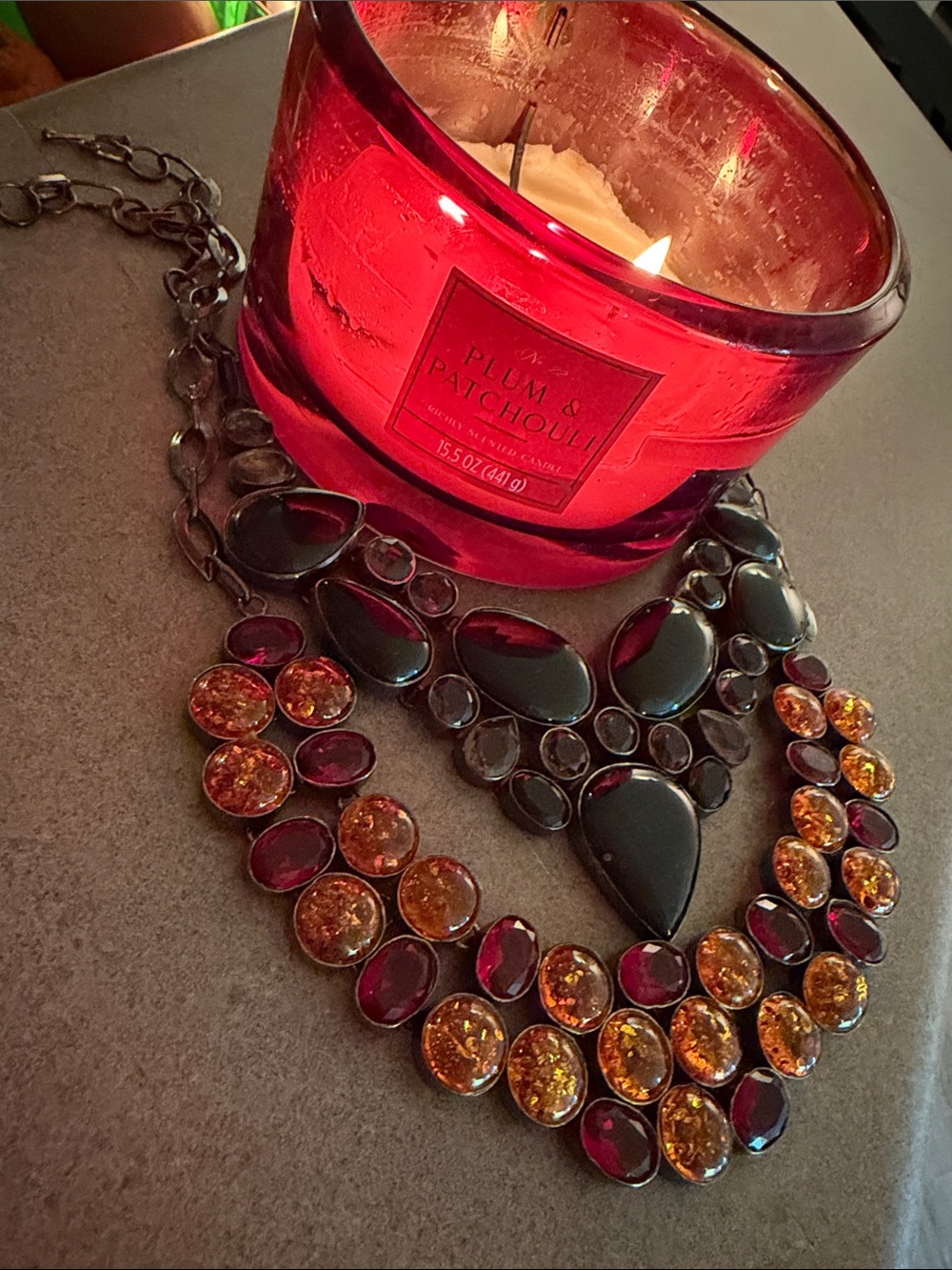Statement Bib Necklace in Garnet Red and Amber